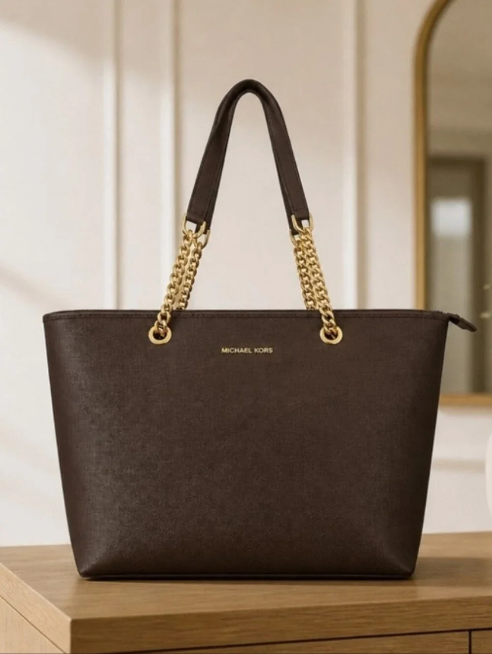Michael Kors Chocolate Brown Saffiano Tote with Gold Chain Straps